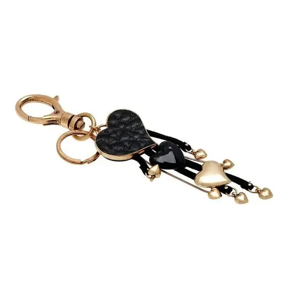 Pilgrim Goldtone and Black Leatherette Heart Charm Key Chain - Picture 2 of 3
